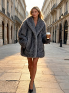 Tamanho Grande - Casaco de Inverno para Mulheres de Tamanho Grande - Elegante Jaqueta de Gola Redonda Forrada com Pele Falsa, Cor Sólida, Quente e Exterior para Outono e Inverno, Estilo e Conforto para Vestuário Casual a Formal