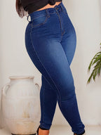 Calças Jeans Femininas de Cintura Alta - Calças de Denim Elástico Não Transparente com Fechamento em Botão, Slim Fit para Uso Diário e Formal - Lavável à Máquina, Tecido Durável