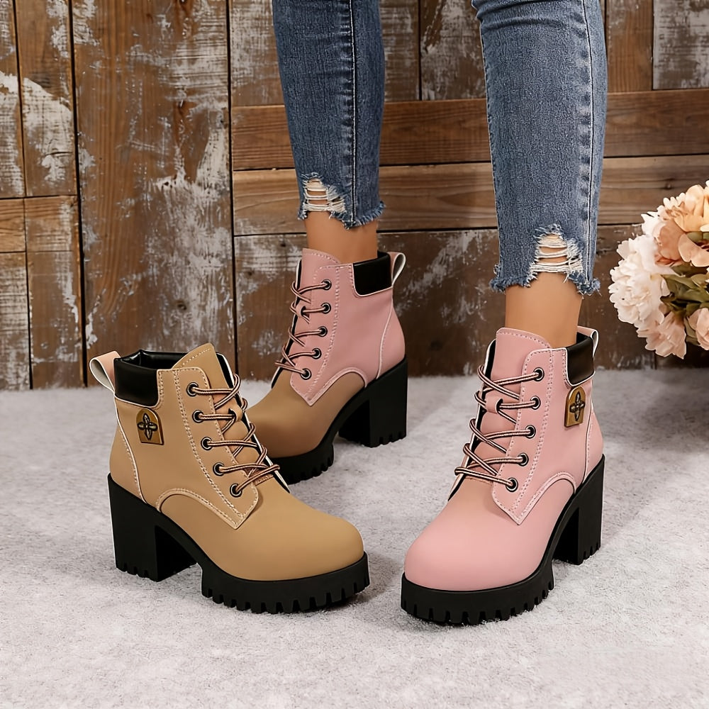 Botas de salto alto bege femininas com design de atacadores, biqueira redonda, salto bloco, botas de inverno elegantes, botas de inverno|Botas de biqueira redonda|Botas de atacadores