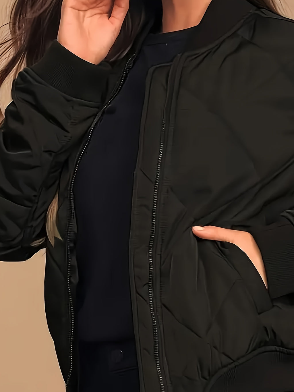 Casaco acolchoado com fecho, casaco térmico casual de manga comprida com bolsos para outono e inverno, roupa de mulher