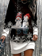 Camisola elegante com estampado de boneco de neve para mulheres - Tecido de malha de poliéster, decote redondo, para todas as estações, elasticidade, estilo de pulôver, design festivo de Natal