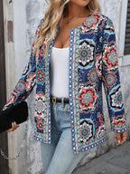 Jaqueta Feminina Elegante Casual com Estampa Floral - Blazer de Outono/Inverno Lavável à Máquina com Gola Redonda e Bolsos, Design Floral Azul Vibrante & Laranja para Looks Casuais e Semi-Formais, Roupa Fácil de Cuidar