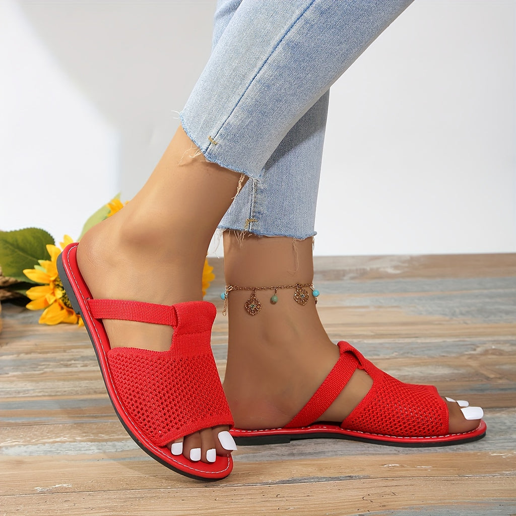Sandálias planas de malha de cor sólida para mulheres no verão, confortáveis e leves, ideais para a praia, versáteis e casuais para uso ao ar livre.