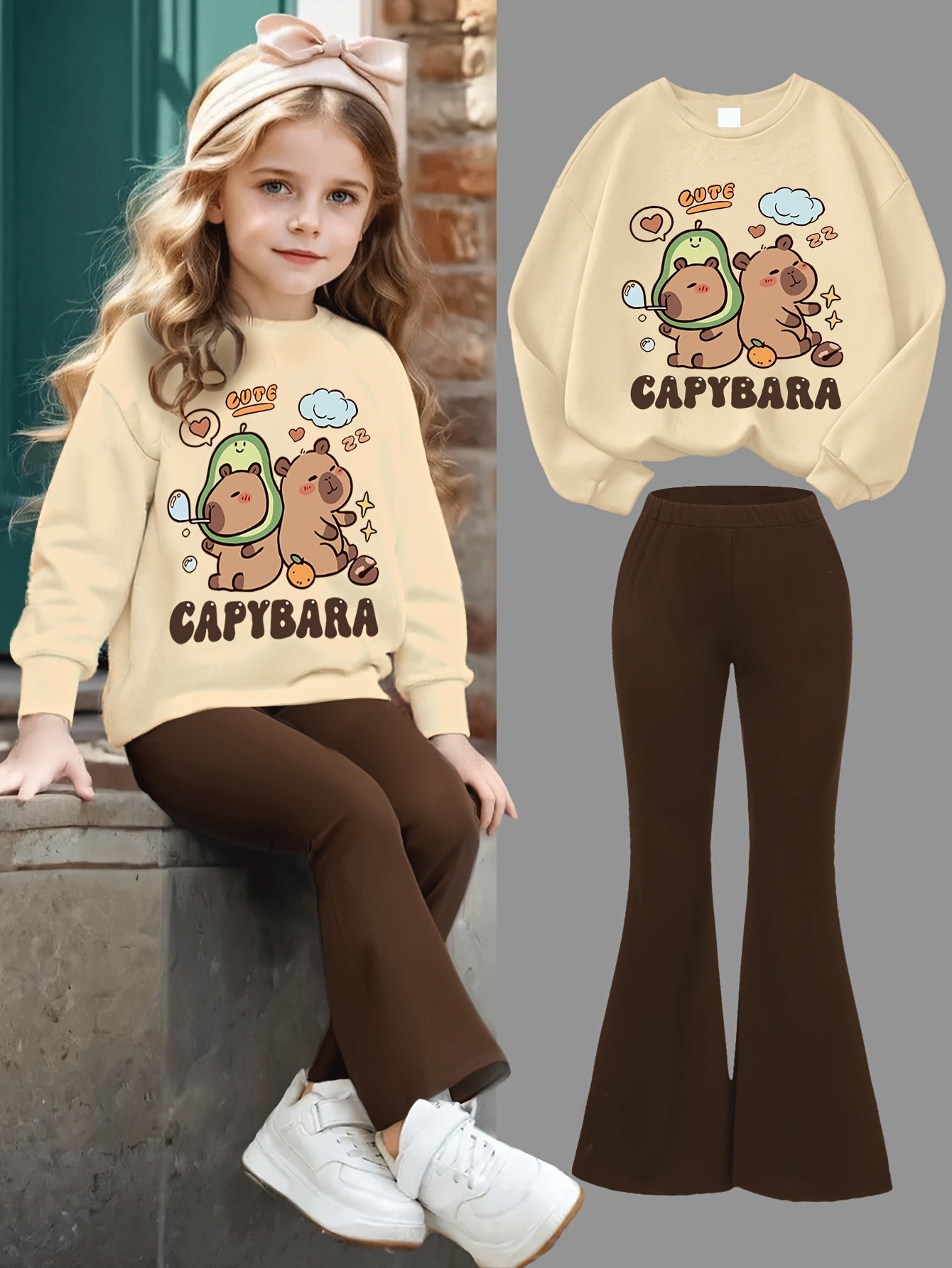 Conjunto de Moletom com Estampa de Golfinho Feng Shui e Calça Flare Ajustada para Meninas, Moda Fofa, Casual para Primavera, Outono e Inverno, Ideal para Uso ao Ar Livre