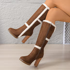 Botas de Neve de Inverno para Mulheres com Gola Falsa & Pelúcia - Salto Grosso Bloco, Sola Grossa de TPR, Fechamento com Zíper e Bico Redondo - Botas de Salto Alto Pretas e Brancas com Bico Redondo para Gelo e Neve (Somente Limpeza a Seco)