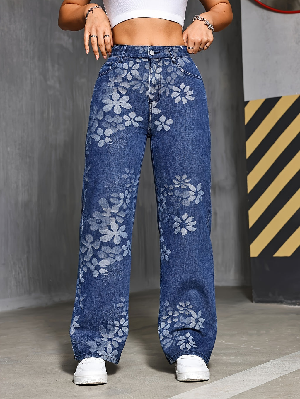 Calças de ganga de perna reta para mulheres com detalhe de listras contrastantes - Ajuste solto, cintura média, tecido não elástico, estilo casual de rua para todas as estações, jeans de todas as estações | Jeans de cintura média | Jeans não elásticos