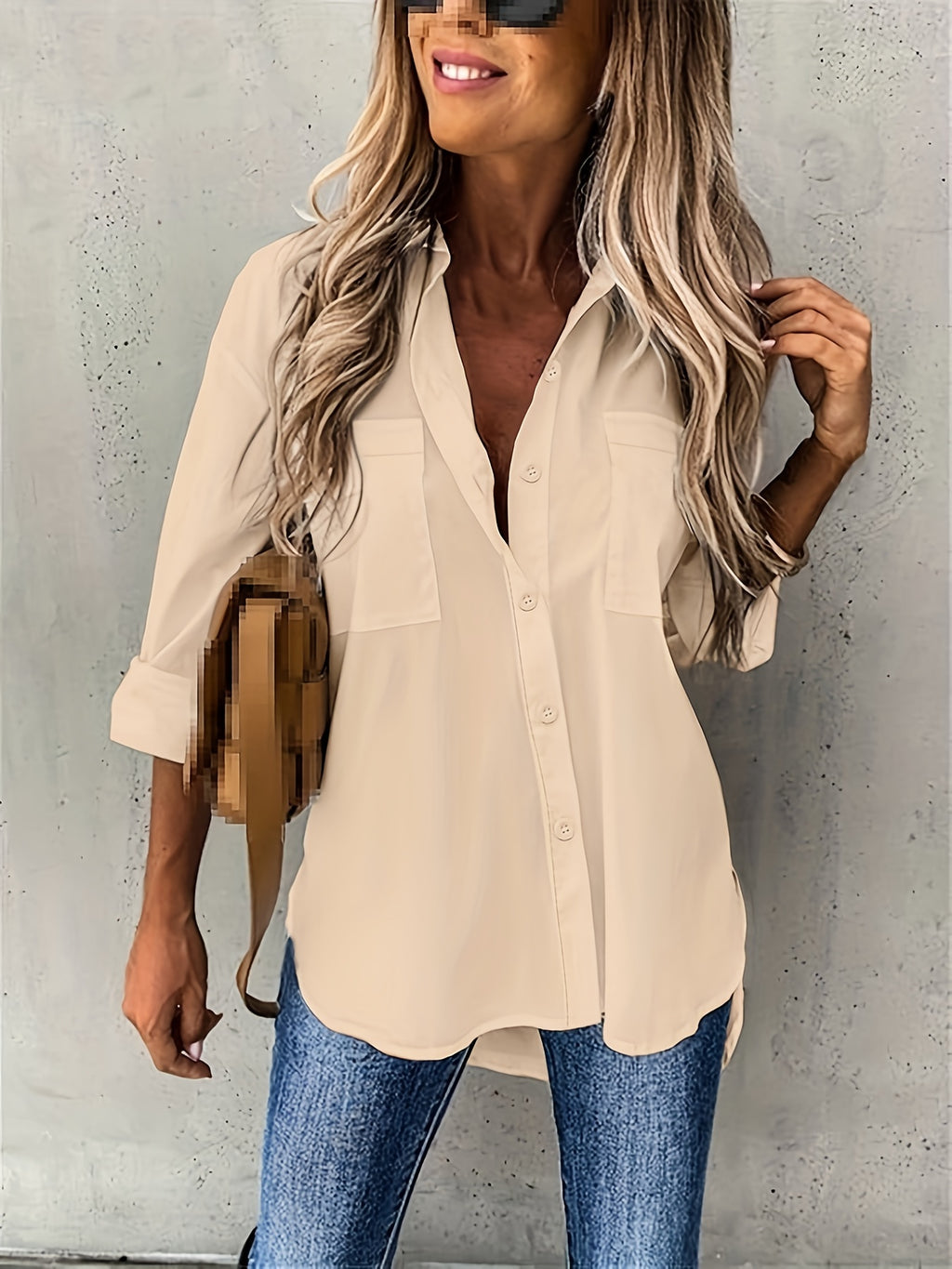 Camisa de botão casual de manga comprida para mulher - Cor sólida, corte relaxado, design de manga 3/4 com bolso no peito, top versátil para todas as estações para atuário casual, vestuário casual | Camisa de corte relaxado | Frente de botão