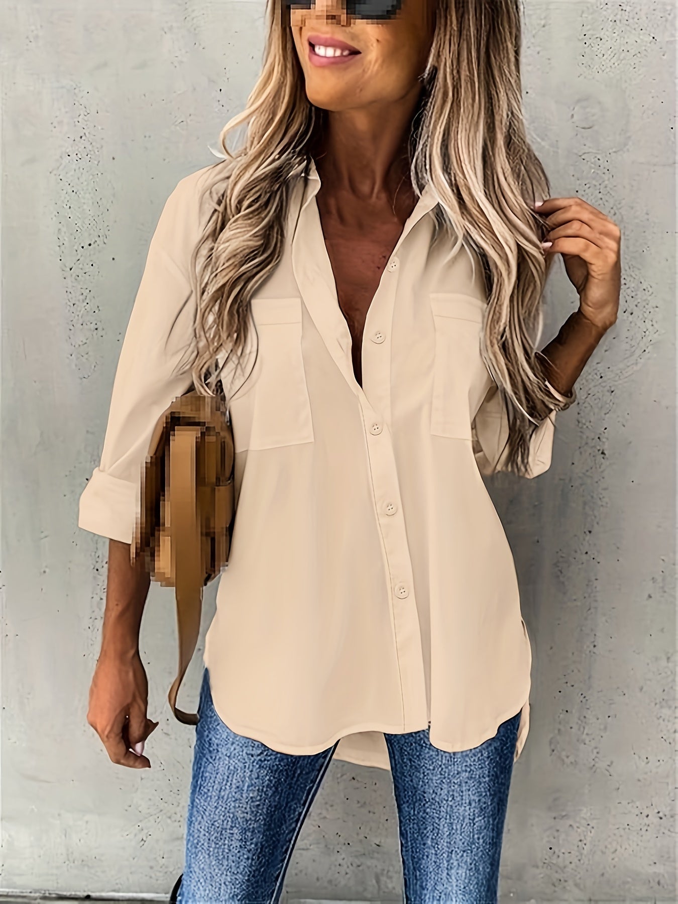 Camisa de botão casual de manga comprida para mulher - Cor sólida, corte relaxado, design de manga 3/4 com bolso no peito, top versátil para todas as estações para atuário casual, vestuário casual | Camisa de corte relaxado | Frente de botão