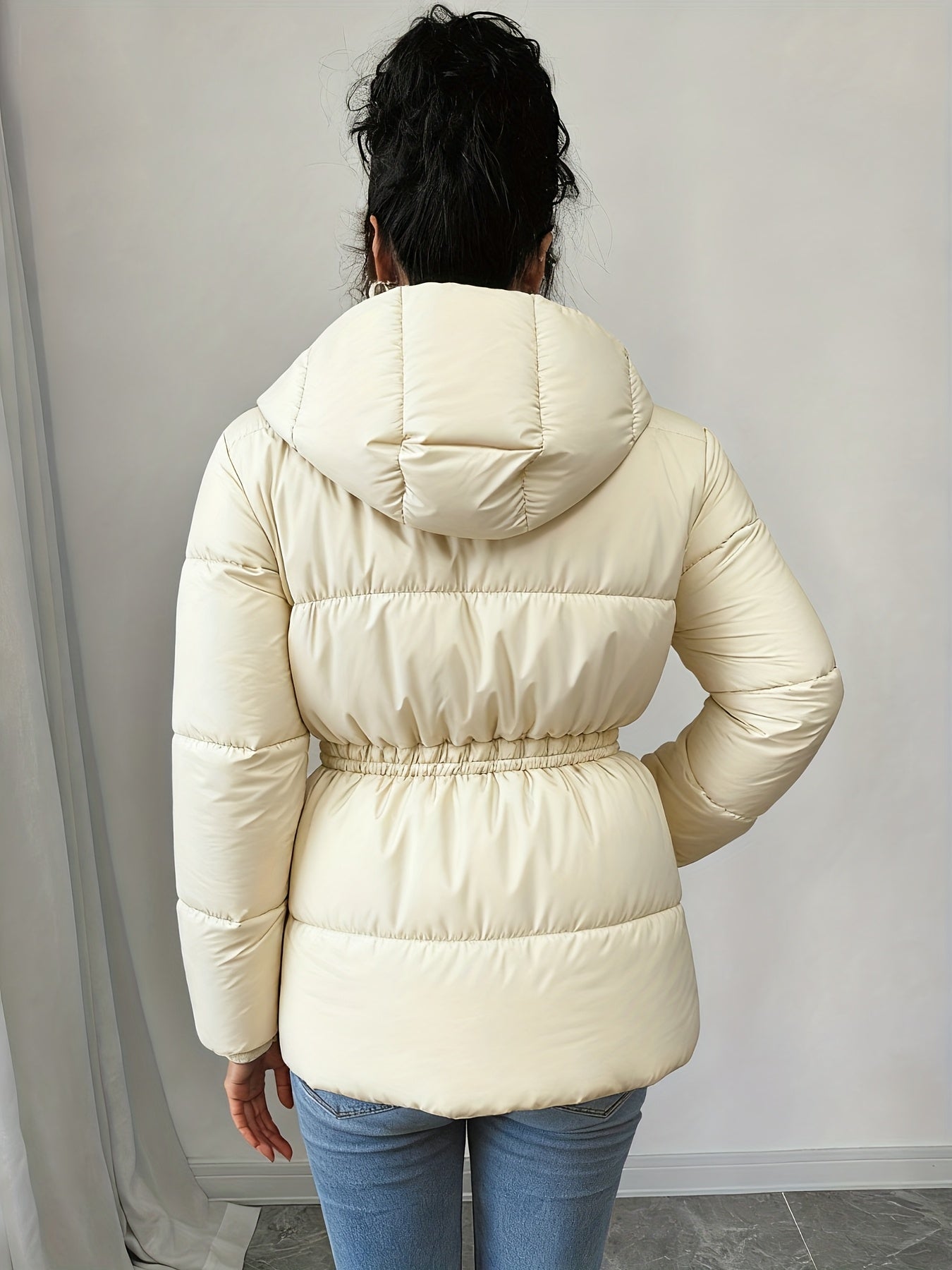 Casaco de Inverno Preto Elegante para Mulher - Silhueta H-Line de Manga Comprida com Fecho de Zíper Frontal, Tecido Sem Elasticidade de Corte Solto para Clima Frio