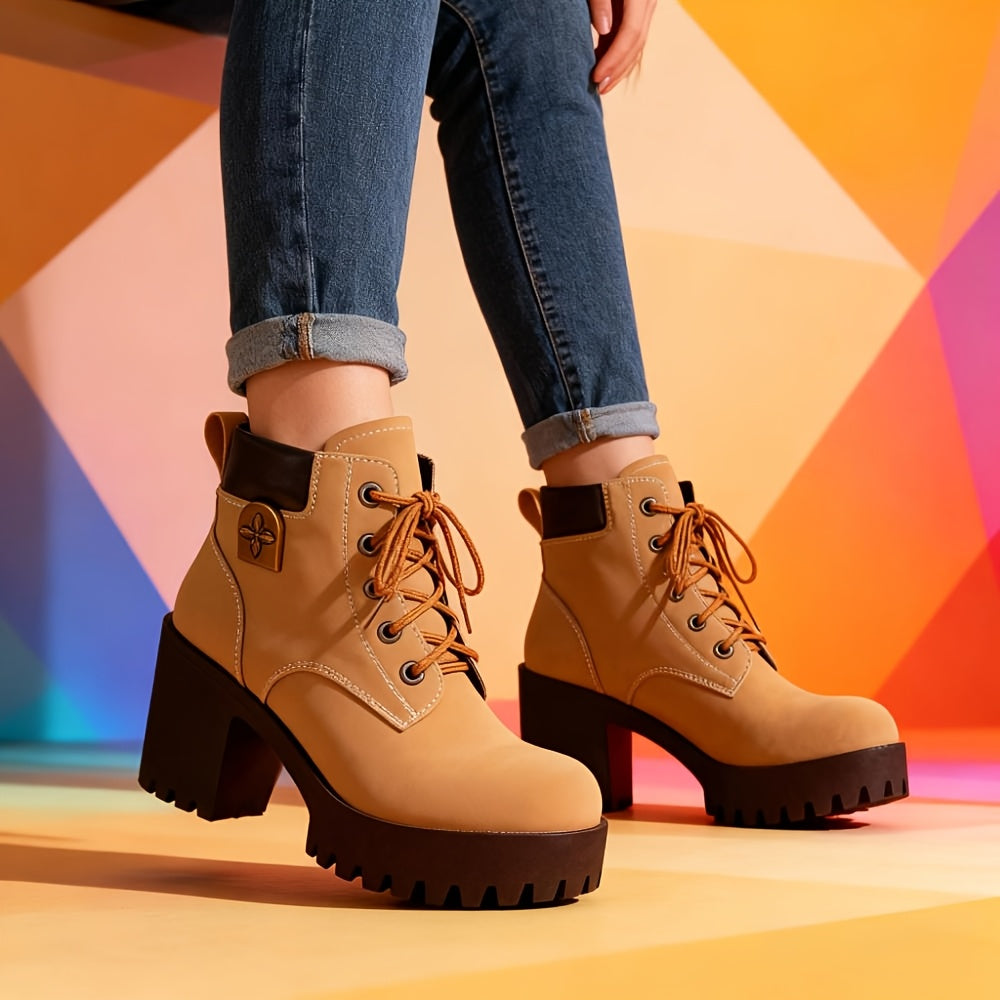 Botas de salto alto bege femininas com design de atacadores, biqueira redonda, salto bloco, botas de inverno elegantes, botas de inverno|Botas de biqueira redonda|Botas de atacadores