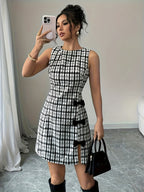 Vestido Curto Feminino Estilo Francês - Ajuste Slim Sem Mangas Gola Redonda com Laço Preto e Branco, Casual a Elegante para Primavera/Outono, Convidada de Casamento, Festa, Brunch - Coleção Especial Elegante (Sem Acolchoado)