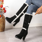 Botas de Neve de Inverno para Mulheres com Gola Falsa & Pelúcia - Salto Grosso Bloco, Sola Grossa de TPR, Fechamento com Zíper e Bico Redondo - Botas de Salto Alto Pretas e Brancas com Bico Redondo para Gelo e Neve (Somente Limpeza a Seco)
