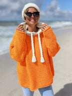 Blusa Feminina Elegante com Capuz - Suéter Semi-Transparente Macio e Detalhes de Franjas, Manga Longa Lavável na Máquina para Outono/Inverno, Casual ou Formal, Tecido Durável, Corte Relaxado