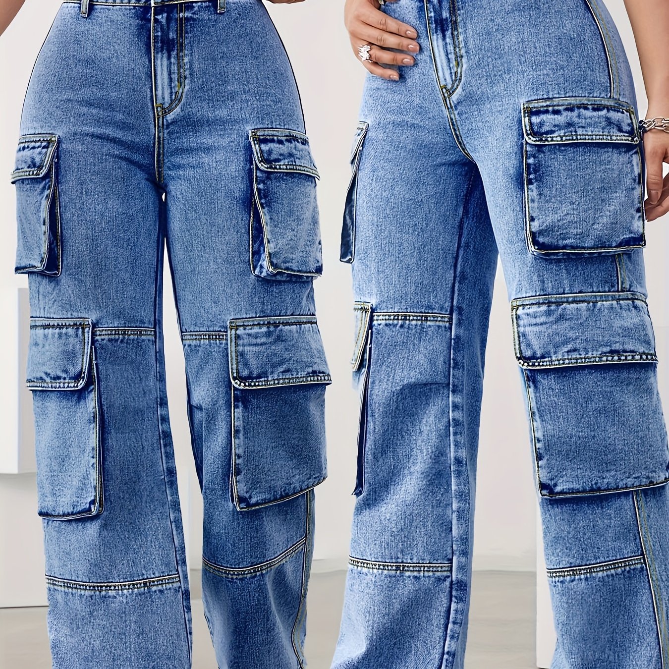 High-Waisted Plus Size Jeans with Multiple Pockets