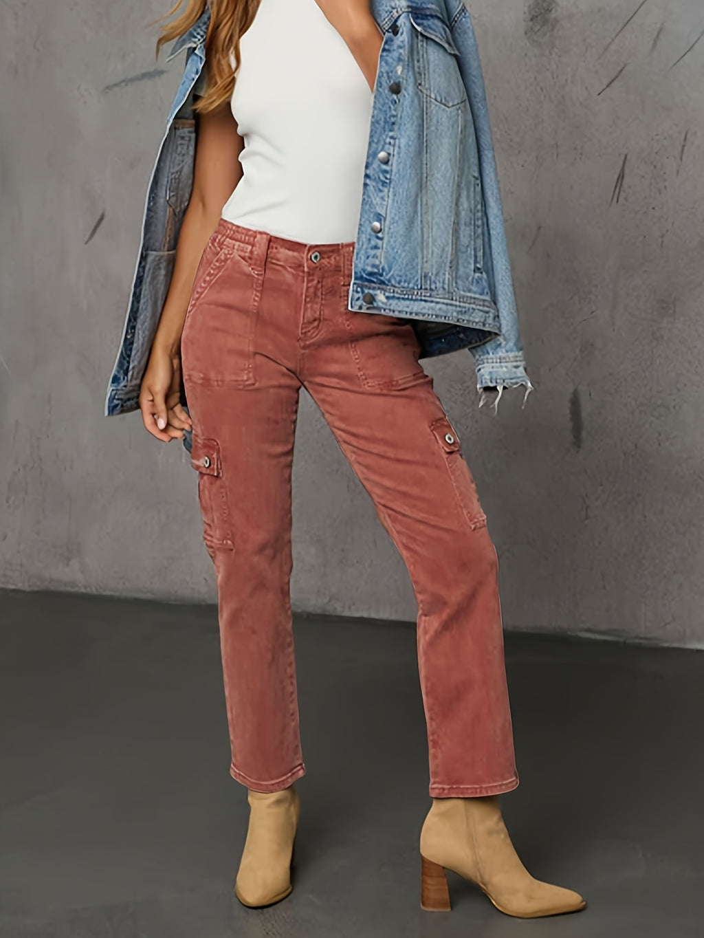 Jeans de Cintura Subida Elásticos para Mulher | Perna Reta, Modernos e Versáteis, Fecho de Botão, Detalhes de Bolsos, Adequados para o Fim de Semana Casual