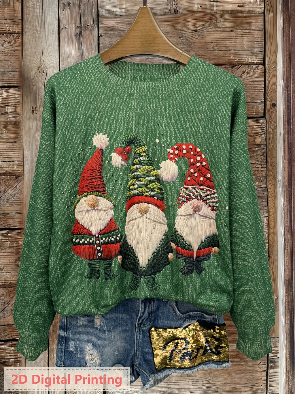 Camisola de Manga Comprida com Gola Redonda e Impressão 3D para Mulher - Design Ultra HD Gótico Corvo & Pai Natal, Impressão Integral Leve, Estilo Casual Elegante, Corte Normal