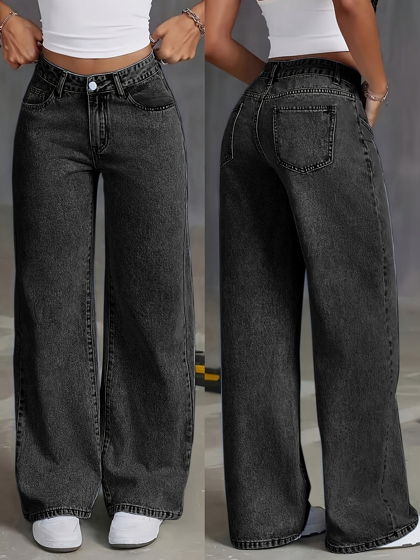 Jeans de Denim Lavados Vintage Femininos - Corte Reto Relaxado, Calças Casuais Não Elásticas com Design Clássico de Cinco Bolsos para Conforto em Todas as Estações, Vestuário Casual, Construção Durável, Roupa Confortável, Material Resistente, Calças Wideleg, Estilo Descontraído