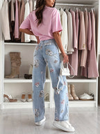 Calças Jeans Femininas de Perna Larga com Estampa de Folhas Florais, Bolsos com Zíper e Botão, Calça Jeans Reta e Casual