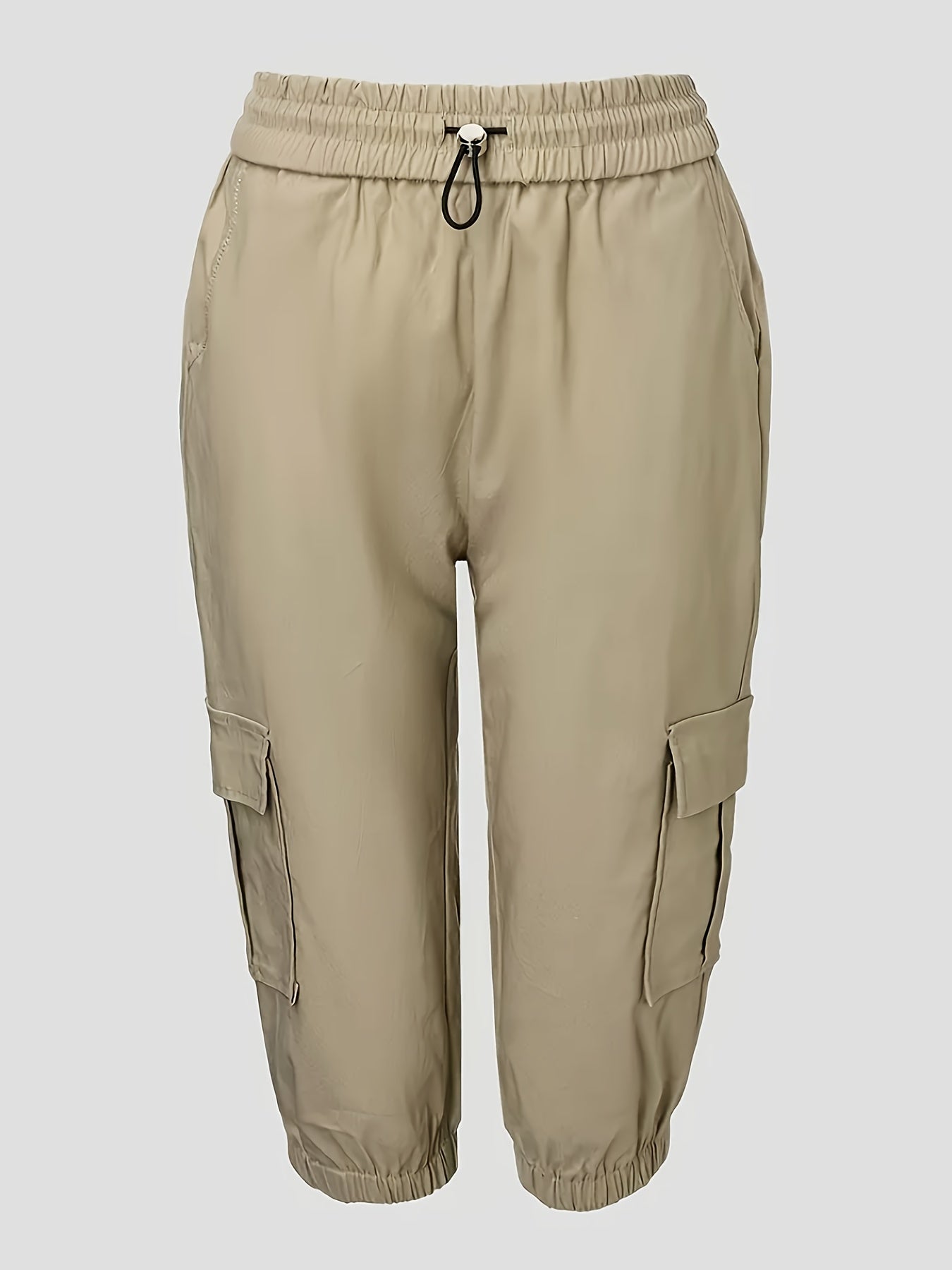 Shorts Cargo Plus Size Femininos - 100% Poliéster, Cintura com Cordão, Ajuste Solto e Comprimento Médio, Múltiplos Bolsos, Lavável na Máquina para Primavera/Verão/Outono, Viagens e Lazer, Essenciais de Férias