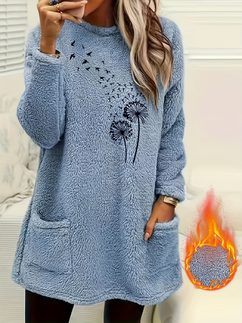 Camisola de Manga Comprida para Mulher com Forro de Lã Aconchegante e Estampado de Dente-de-Leão - Suave, Elástica e Casual para o Outono/Inverno, Laranja, Gola Redonda, Corte Normal, Roupa Casual|Top com Estampado de Dente-de-Leão|Tecido Elástico, Camisola e Camisola de Malha para Mulher, Camisola de Mulher, Camisolas de Mulher, Camisolas de Mulher Outono, roupa mulher inverno, camisolas mulher outono, camisola mulher outono