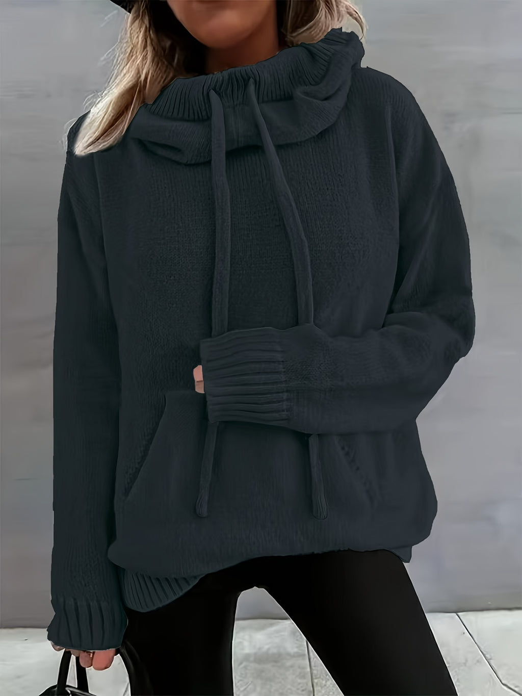 2025 Nova Outono E Inverno Mulher Casual Versátil Cor Sólida Com Cordão Bolsa Capuz Pulôver