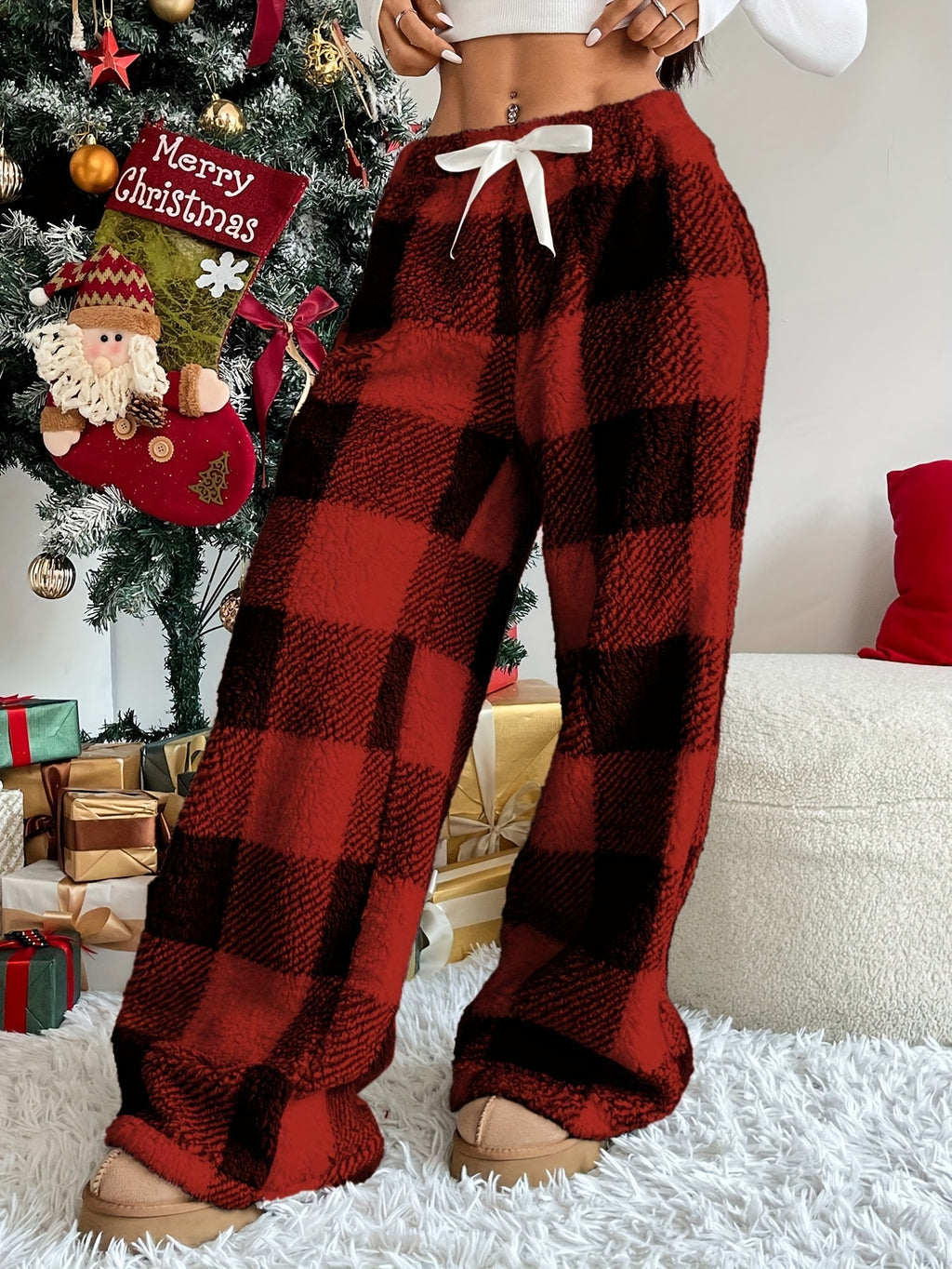 Calças de Inverno Femininas de Perna Larga com Cintura Elástica - Calças Maxi Xadrez, Calças Confortáveis e Quentes para Outono/Inverno, Laváveis na Máquina