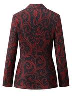 Blazer de Seda com Estampa Paisley Vermelha e Preta Elegante para Mulheres - Manga Comprida, Fechamento Simples com Lapela Entalhada, Jaqueta Versátil para Todas as Estações, Vestuário Formal, Estilo Sophisticado, Tecido de Alta Qualidade