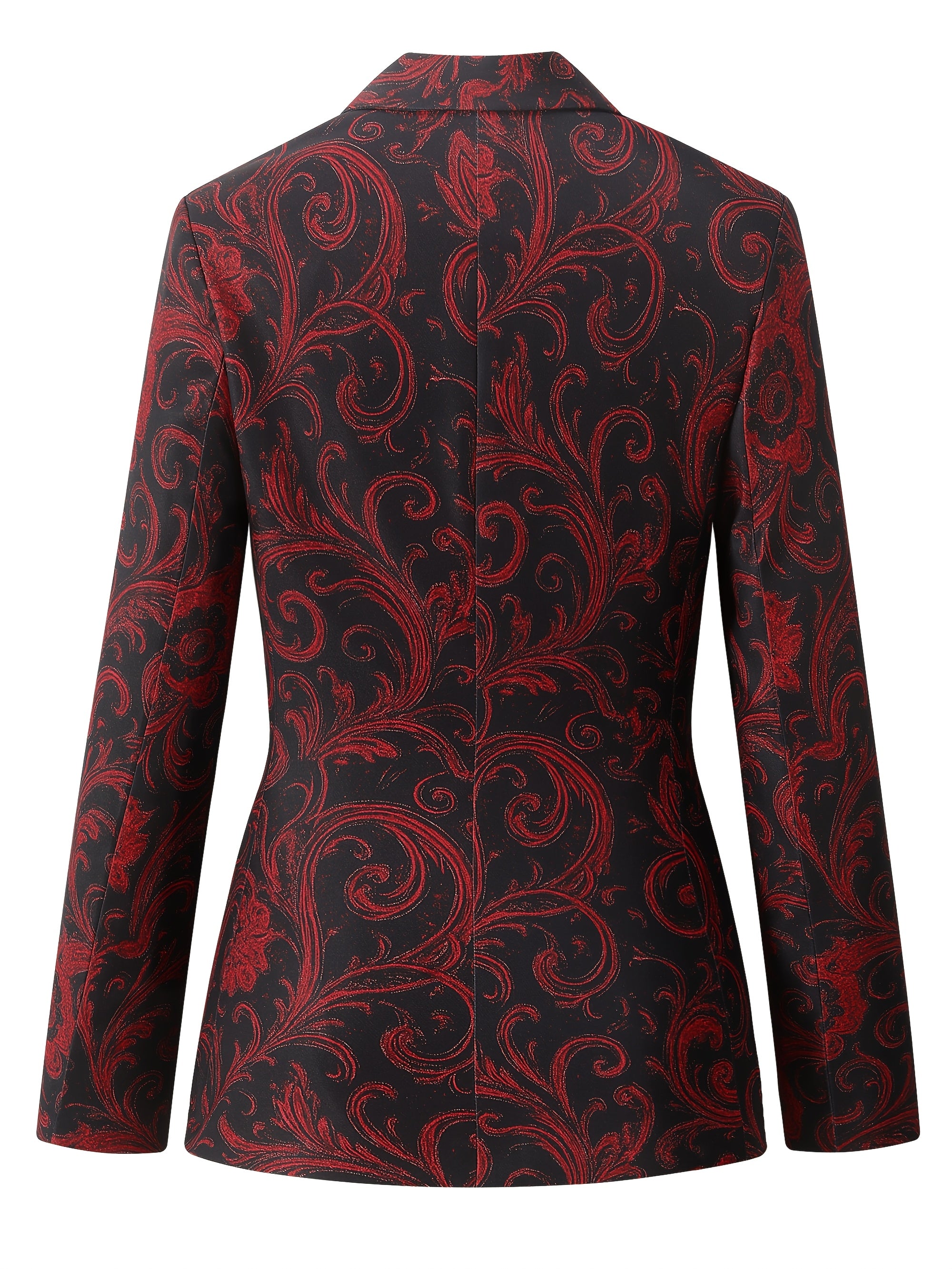 Blazer de Seda com Estampa Paisley Vermelha e Preta Elegante para Mulheres - Manga Comprida, Fechamento Simples com Lapela Entalhada, Jaqueta Versátil para Todas as Estações, Vestuário Formal, Estilo Sophisticado, Tecido de Alta Qualidade
