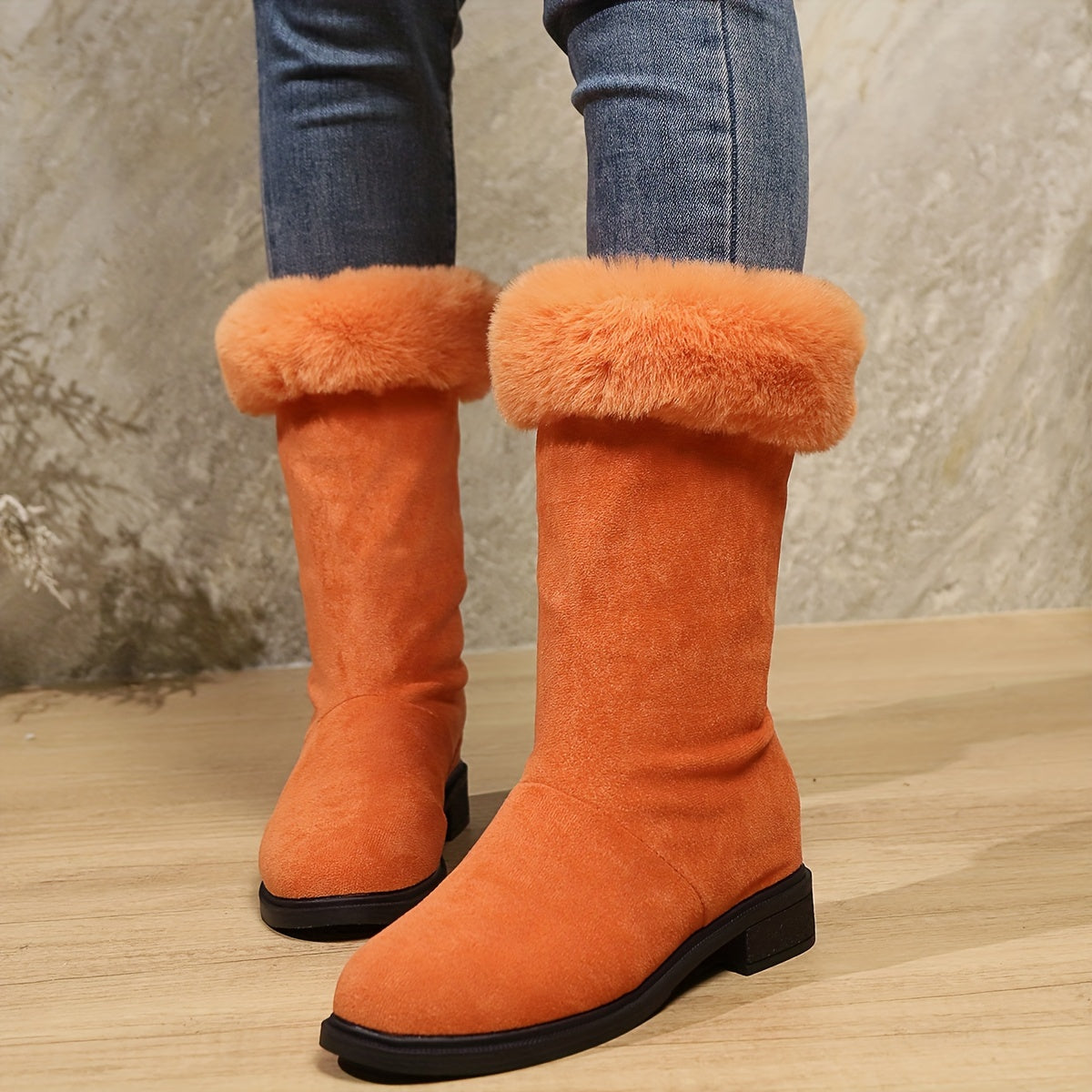 Botas Clássicas de Pelúcia para Mulher | Toque Suave, Conforto Quente de Inverno, Slip-on, Salto com Plataforma, Altura de Salto Médio