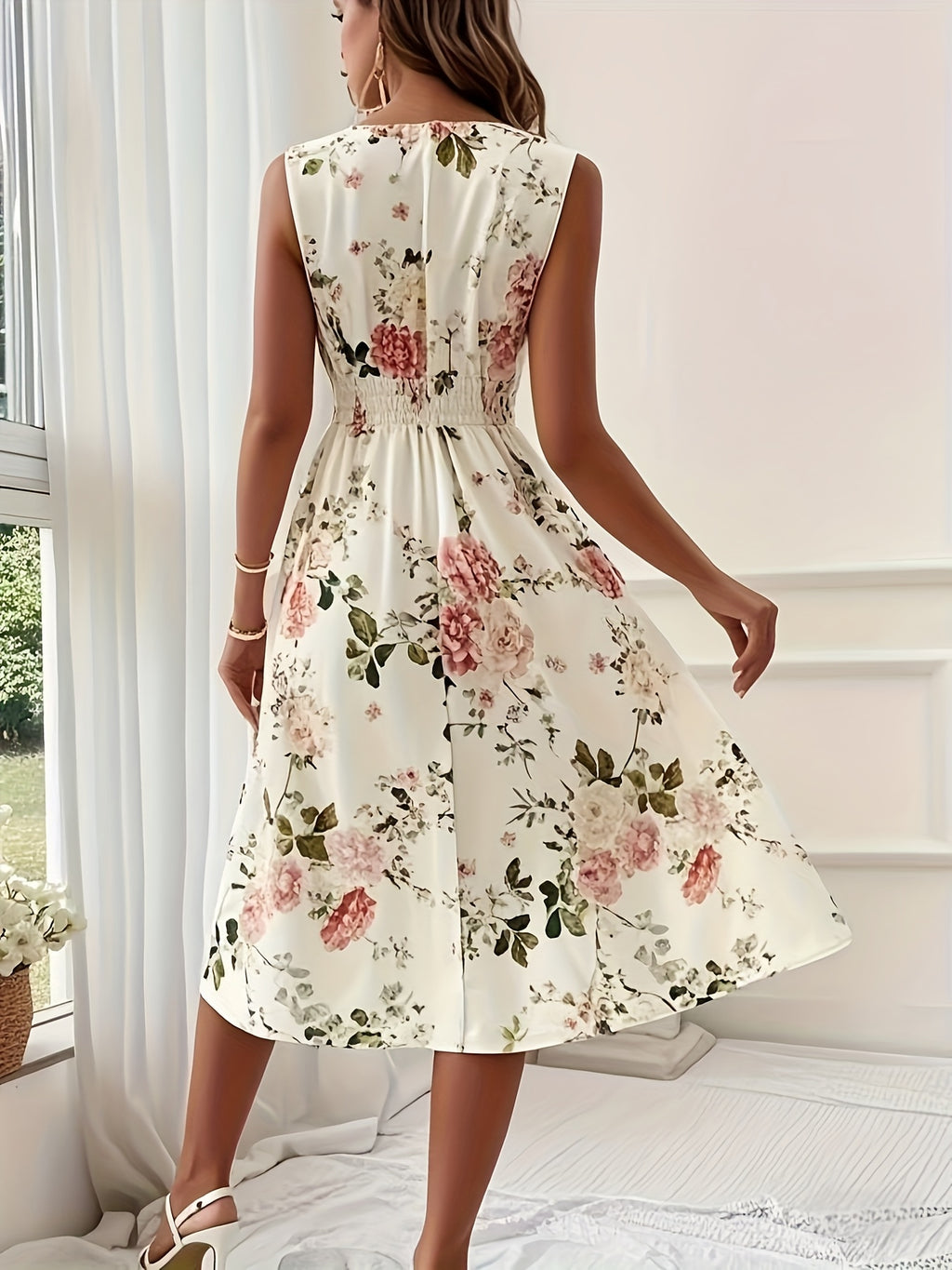Vestido Feminino Elegante Decote em V Curto a Médio Comprimento A-Line - Sem Mangas, Cintura Smock, Estampa Floral Vermelho e Verde, Lavável à Máquina, Primavera Verão, Convidada de Casamento, Festa, Vestido Semi-Transparente para Mulheres
