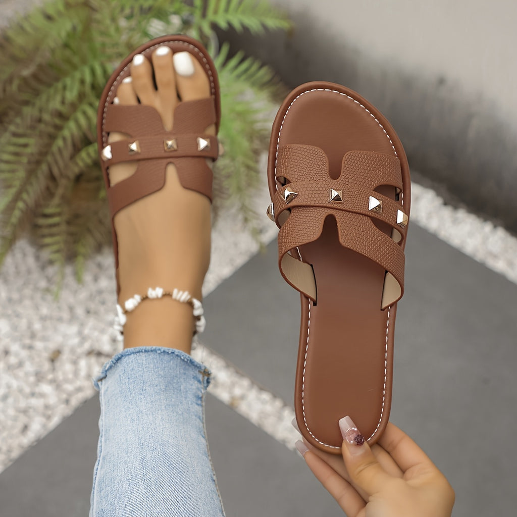 Sandálias Chinelas Femininas Chiques - Abertas Casualmente, Falso Cobertura com Tiras de Fivela Douradas, Sola de Borracha Confortável - Calçado Versátil para Todas as Estações