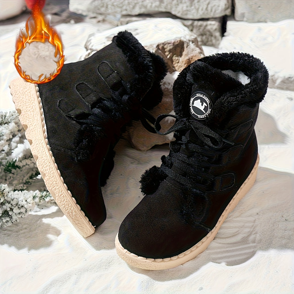 Botas de Inverno Femininas - Botas de Neve de Cano Médio com Fecho de Cordões, Sola de Borracha Antiderrapante, Parte Superior em Tecido Quente - Castanho - Palmilha Acolchoada - Sapatos para Clima Frio para Senhoras, Botas de Inverno Femininas, Interior Forrado a Pelúcia