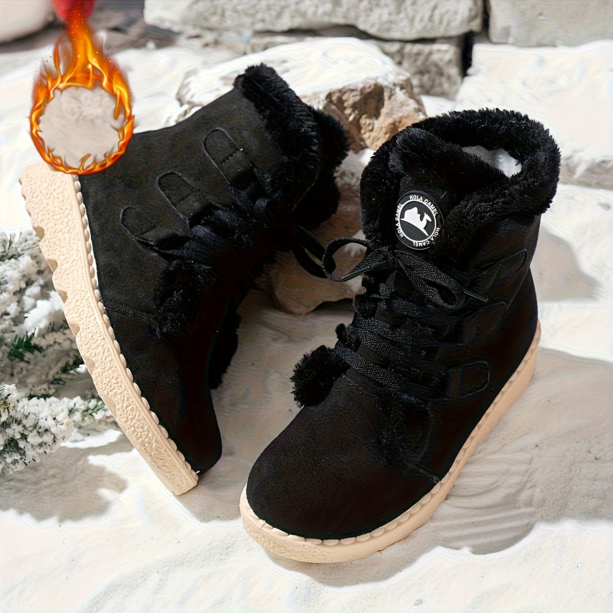 Botas de Inverno Femininas - Botas de Neve de Cano Médio com Fecho de Cordões, Sola de Borracha Antiderrapante, Parte Superior em Tecido Quente - Castanho - Palmilha Acolchoada - Sapatos para Clima Frio para Senhoras, Botas de Inverno Femininas, Interior Forrado a Pelúcia