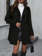 Casaco de tweed elegante de dupla brechada para mulheres - Ajuste fino, comprimento médio, cor sólida, com cinto, estilo casual chic para outono e inverno, versátil para ocasiões casuais ou formais, moda sazonal, design estruturado