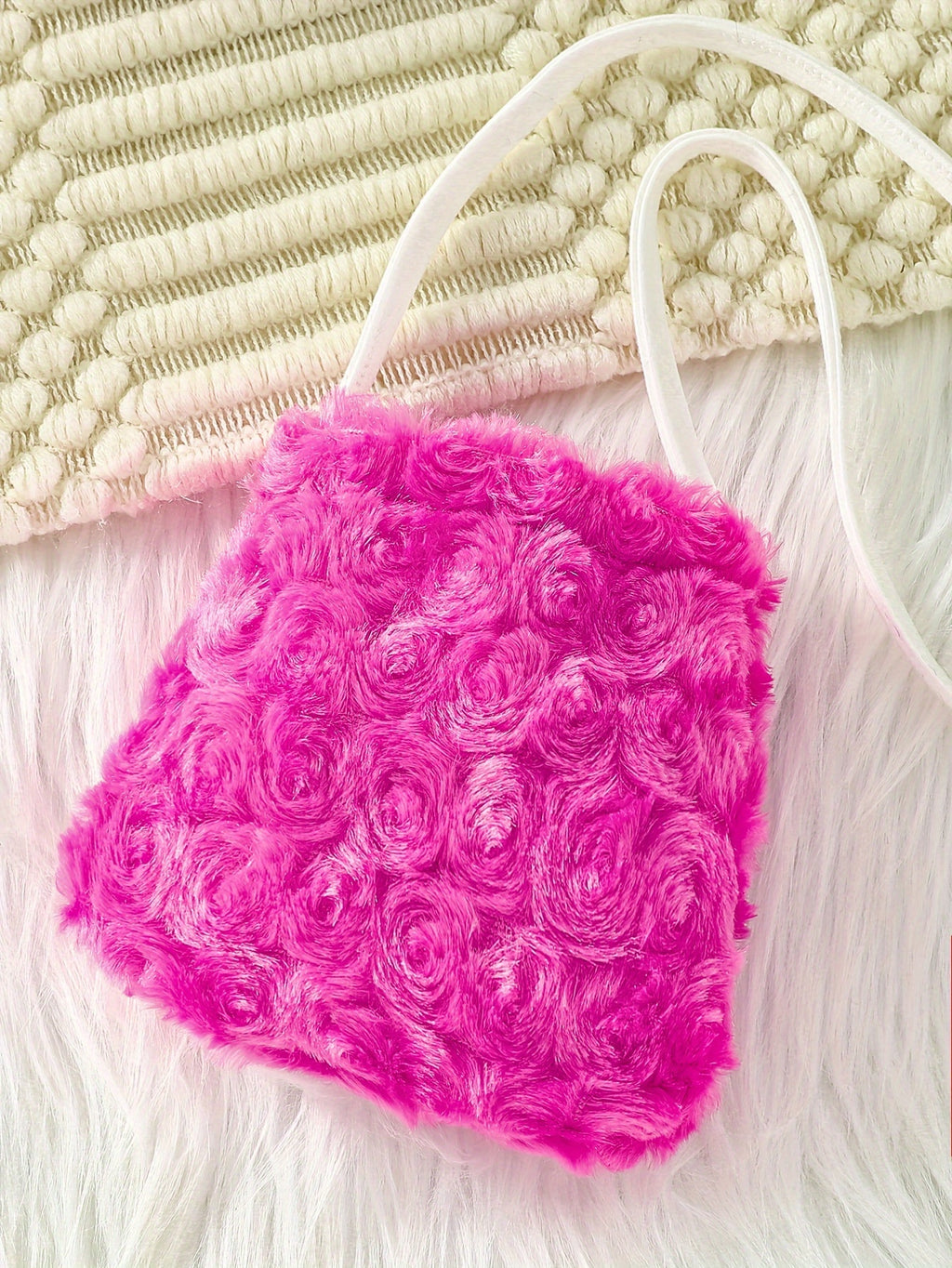 Vestido para meninas e bolsa de cor sólida. A blusa de gola redonda e manga longa é feita de tecido canelado aveludado, com mangas estampadas em padrão de botões de rosa em material fofo como rosas peludas—ideal para uso casual ao ar livre na primavera ou outono