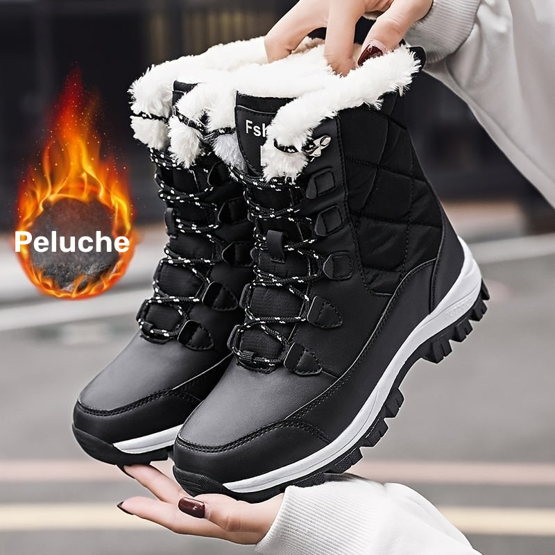 Botas de Neve de Cano Alto para Mulheres, Cor Sólida, Bico Redondo, Forro de Pelúcia Quente, Sola de Borracha Antiderrapante, Palmilha de Tecido Durável, Parte Superior Sintética - Calçado Casual para Exteriores, Botas de Inverno