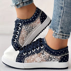 Tênis Casual Feminino com Malha Floral e Cobertura - Sapatos de Primavera Respiráveis de Cano Baixo com Cadarço e Bico Redondo, Calçado Confortável e Durável para Looks Casuais, Tênis Femininos, Calçado Estiloso ChicMe