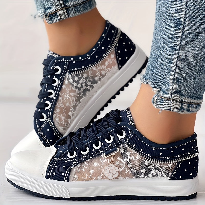 Tênis Casual Feminino com Malha Floral e Cobertura - Sapatos de Primavera Respiráveis de Cano Baixo com Cadarço e Bico Redondo, Calçado Confortável e Durável para Looks Casuais, Tênis Femininos, Calçado Estiloso ChicMe