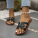 Sandálias Chinelas Femininas Chiques - Abertas Casualmente, Falso Cobertura com Tiras de Fivela Douradas, Sola de Borracha Confortável - Calçado Versátil para Todas as Estações