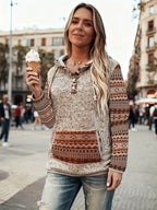 Moletom Feminino Estilo Bohemian Ocidental com Capuz - Blusa Casual de Botões Retro, Cinza e Azul para Todas as Estações, Lavável na Máquina, Conforto Diário, Tecido Texturizado, Chic Rústico