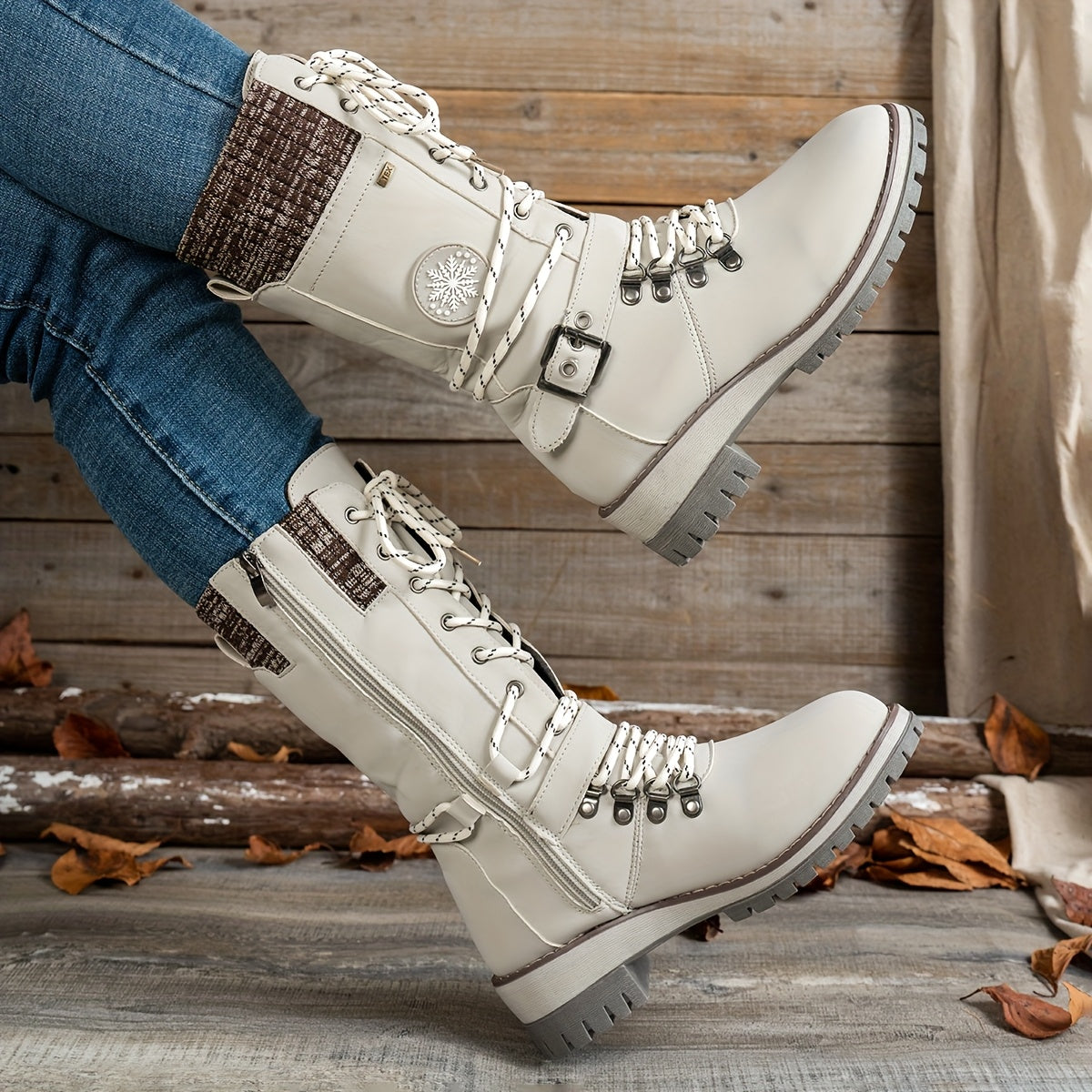 Botas de Inverno Vintage Femininas com Sola TPR Antiderrapante e Fecho com Cordões - Sola TPR Espessa, Parte Superior em Imitação de Pele, Forro Aveludado e Suporte do Arco - Botas de Cano Médio para Todas as Estações em Preto/Castanho/Bege/Vermelho/Branco, Roupa Casual e Formal, Botas de Inverno para Mulher