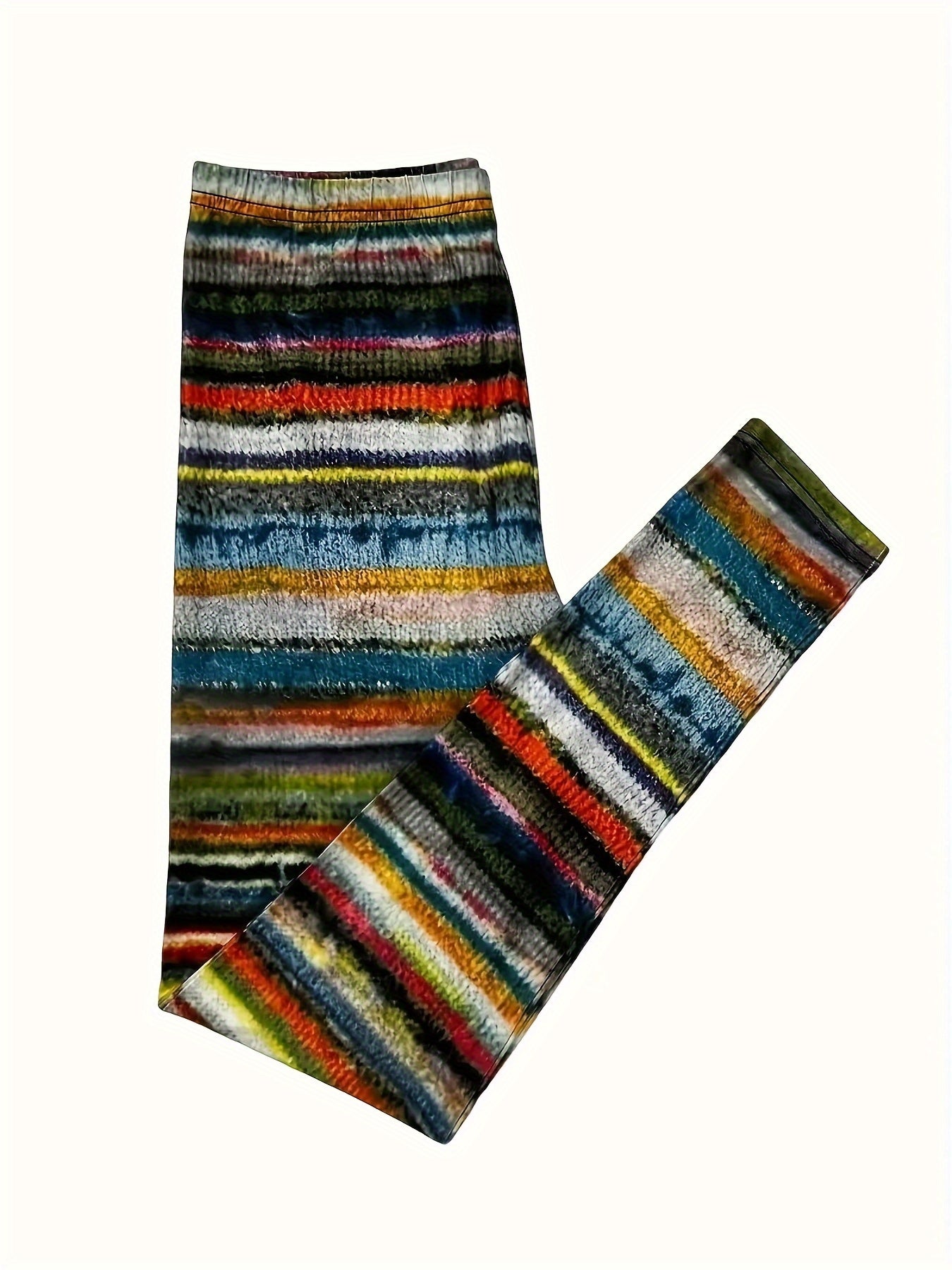 Calças Casuais de Cintura Alta e Elásticas para Mulheres com Estampa Colorida em Listras - 95% Poliéster, 5% Elastano, Conforto Lavável à Máquina para Todas as Estações