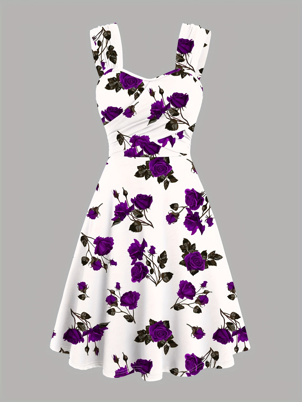 Vestido Feminino com Estampa de Rosa Vermelha e Ombros Descobertos com Alças Cruzadas à Frente & Franzidos - Vestido Elegante Casual em Linha A para Primavera Verão Outono, Moda Sazonal | Material Não Transparente, Vistosos