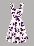 Vestido Feminino com Estampa de Rosa Vermelha e Ombros Descobertos com Alças Cruzadas à Frente & Franzidos - Vestido Elegante Casual em Linha A para Primavera Verão Outono, Moda Sazonal | Material Não Transparente, Vistosos