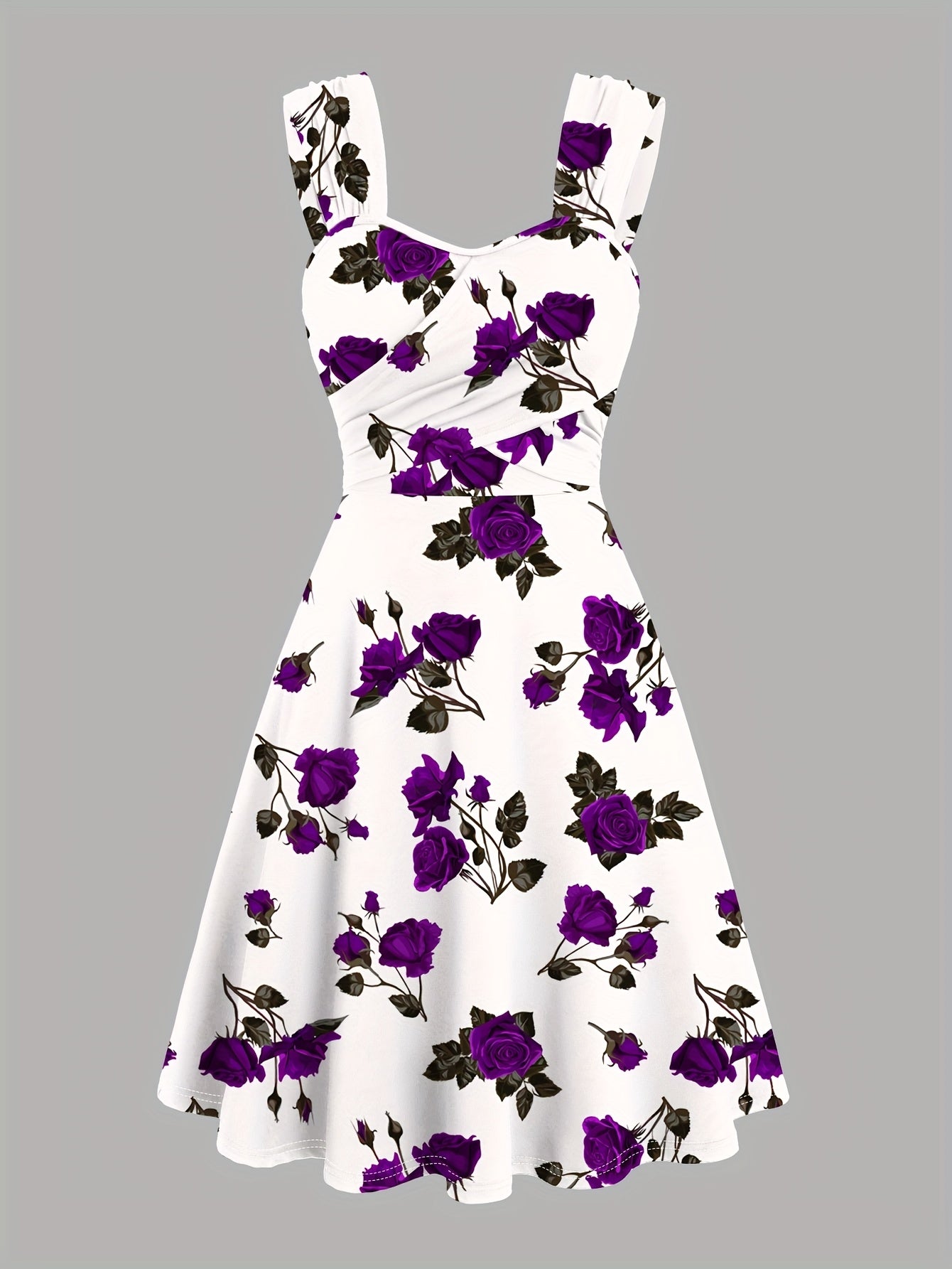 Vestido Feminino com Estampa de Rosa Vermelha e Ombros Descobertos com Alças Cruzadas à Frente & Franzidos - Vestido Elegante Casual em Linha A para Primavera Verão Outono, Moda Sazonal | Material Não Transparente, Vistosos