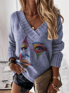 Blusa Casual de Gola V com Estampa em Contraste e Tecido Solto em Estoque