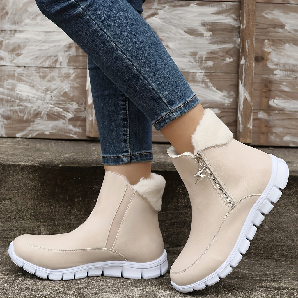 Botas de Inverno Femininas Aconchegantes com Forro de Fleece - Cano Curto, Solado Grosso, Zíper Lateral, Detalhe de Estrela, Bico Redondo Casual, Bege, Para Clima Frio, Botas de Inverno, Solado Grosso, Botas Curtas, Botas para Clima Frio