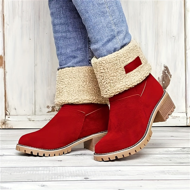 Botas de inverno para mulheres com salto grosso - Botas de cano médio com biqueira redonda e forro de lã, forro de tecido quente e sola de borracha para deslocações ao ar livre, uso casual - Tamanho grande disponível, Botas de inverno, Calçado para clima frio, Forro de interior felpudo, Calçado de tração durável, Calçado para uso diário, Forro aconchegante, Usuários de clima quente
