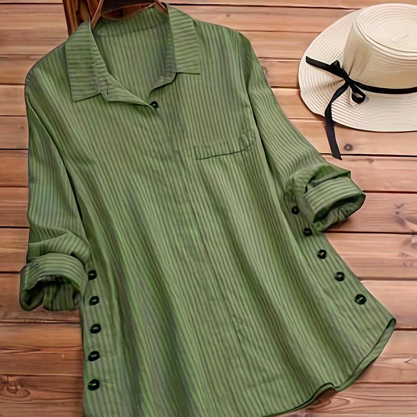 Elegant Button-Side Boho Blouse with Roll-Up Sleeves
