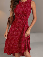 Vestido Elegante Feminino Sem Mangas com Estampado de Corações - Azul Marinho com Bolinhas, Bainha Évasée e Cintura com Folhos, Lavável na Máquina, Roupa Versátil para Todas as Estações, Casuais ou Formais, Vestidos Bonitos